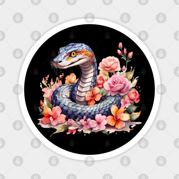 A snake decorated with beautiful watercolor flowers Magnet by CreativeSparkzz